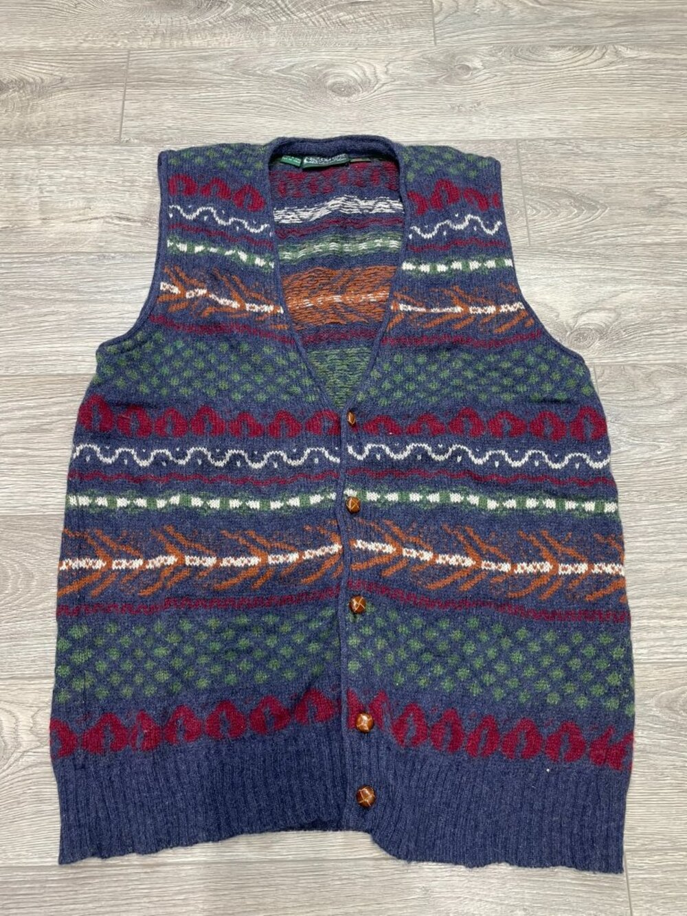 Vintage Old River Italy Wool Blend Fair Isle Knit Button Up Cardigan‎ Vest XL